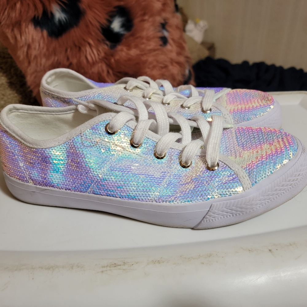 Torrid White Iridescent Sequin Lace-Up Sneaker